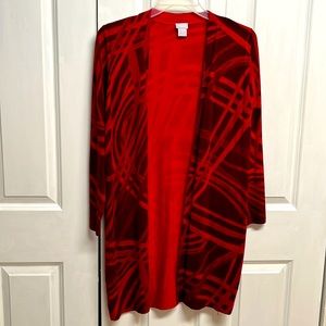 Chico’s Shades of Red Abstract Print Rayon Bland Extra Long Open Cardigan Size S